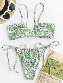 Zaful Ribbed Ditsy Print Tied Loincloth Bikini Swimwear In Green