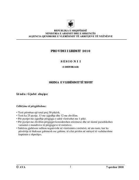 Pdf Provimi I Lirimit Skema E Vleresimit Gjuhe Shqipe 2010 Dokumen