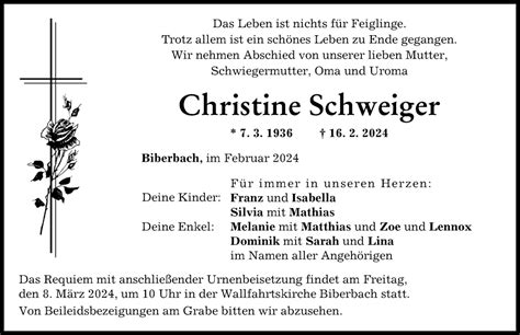 Traueranzeigen Von Christine Schweiger Augsburger Allgemeine Zeitung