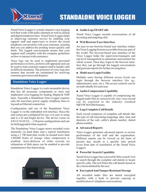 Xtend Standalone Voice Logger 4u And Datasheet Pdf Digital Audio Telephone