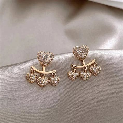 Front Back Diamond Heart Stud Korean Earrings 2 Pcsset Vembley