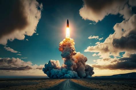 Premium Photo Rocket Launching Into The Sky With Clouds In The