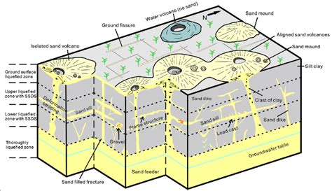 Sketch of the vertical liquefaction structures distribution zones and ...