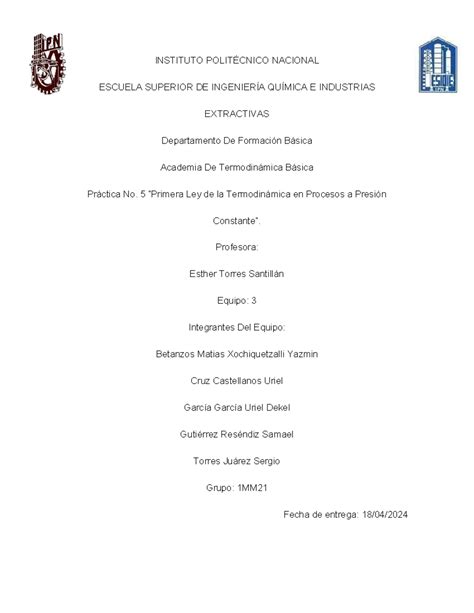 Practica 5 Termo INSTITUTO POLITÉCNICO NACIONAL