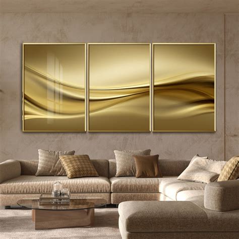 Trio Quadro Decorativo Abstrato Dourado Luxo Vidro Elo