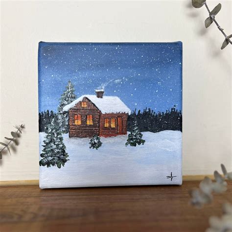 Snowy Cabin Art Snow Painting Snowy Landscape Artwork - Etsy