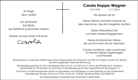 Traueranzeigen Von Carola Hoppe Wagner Trauer In Nrw De