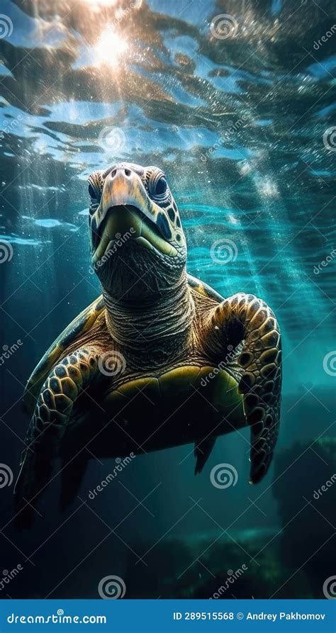 Portrait Of A Sea Turtle Swimming Underwater In The Ocean Underwater