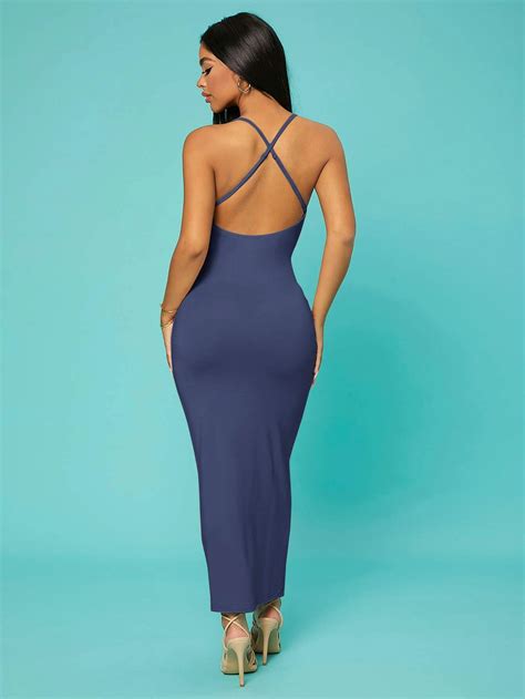 Shein Sxy Solid Criss Cross Backless Bodycon Dress Shein Usa