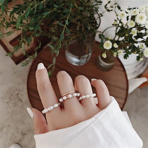 Natural Pearl Gentle Korean Mix And Match Ring Stacking Ring Threepiece