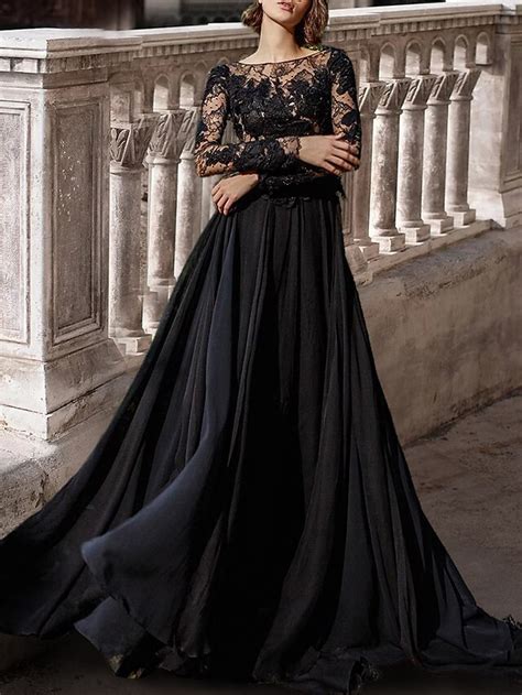 Black Wedding Dresses Formal A Line Scoop Neck Long Sleeve Sweep