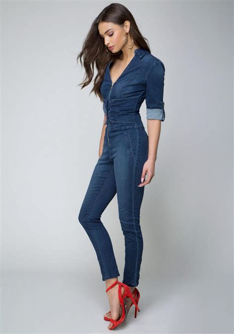 Lyst Bebe Denim Corset Jumpsuit In Blue