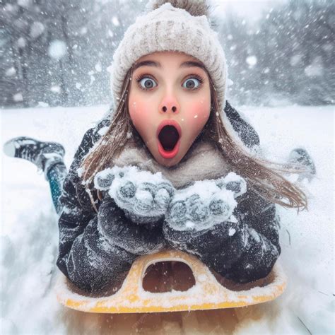 Premium Photo | Surprised face emotion girl sledding in a snow field