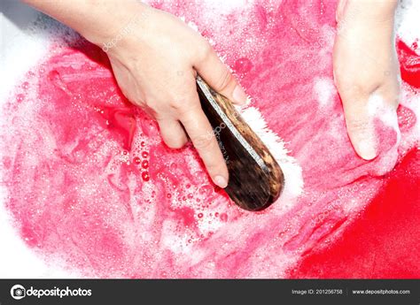 Woman Washing Clothes Hand Detergent Plastic Bowl — Stock Photo ...