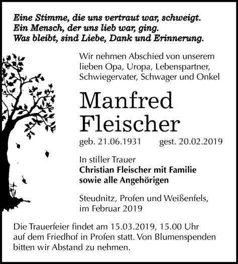 Traueranzeigen Von Manfred Fleischer Abschied Nehmen De