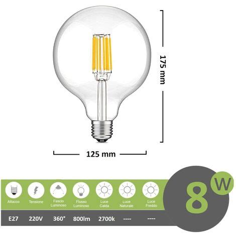 Lampadina Led Filamento G W Attacco Grande E Globo Sfera Palla