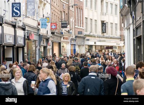 York Uk High Street Busy High Streets Highstreet Shoppers Shops Stock