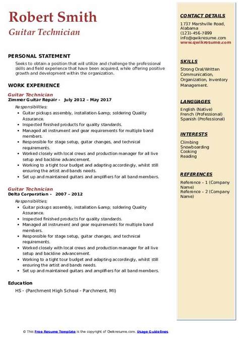 Guitar Technician Resume Samples Qwikresume