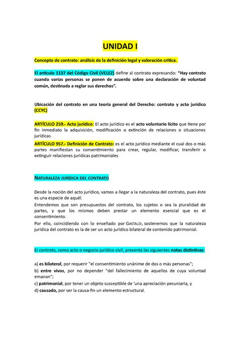 Resumen De Contratos 2022 Unidad I Concepto De Contrato Análisis De