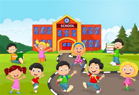 Happy School Children Cartoon In Front Of School Stock Vector ...