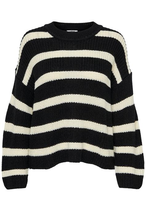 Jdy Justy Chunky Knit Stripe Round Neck Jumper In Black And Cream