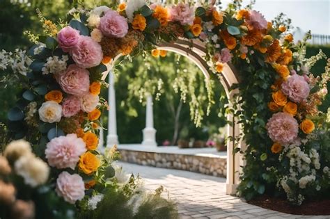 Premium AI Image | A garden arch with flowers and greenery.