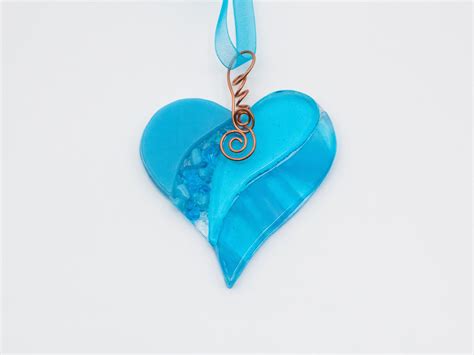 Fused Glass Heart Ornament In Shades Of Blue Makes A Great Suncatcher