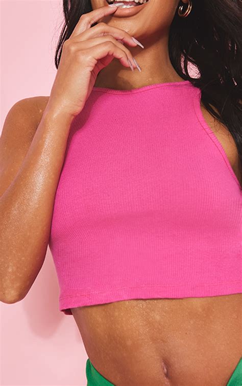 Basic Hot Pink Rib Racer Crop Top Tops Prettylittlething