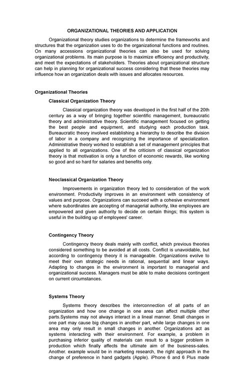 Organizational Theories AND Application ORGANIZATIONAL THEORIES AND