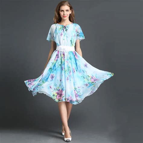 2018 Flowy Bohemia Chiffon Floral Print Dresses Casual Vacation Beach