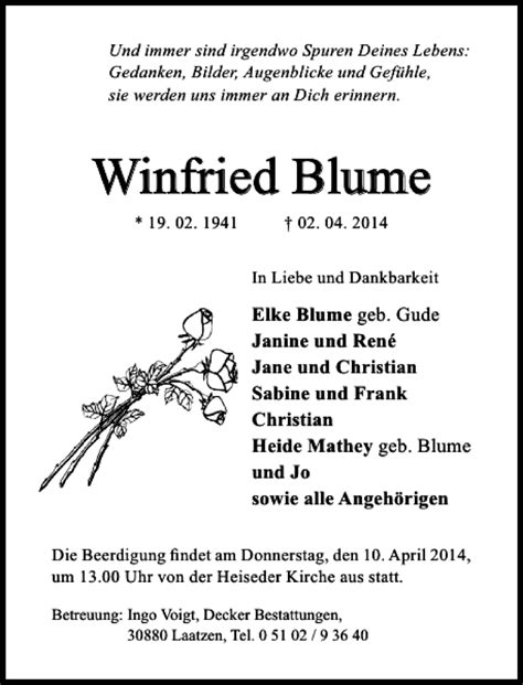 Traueranzeigen Von Winfried Blume Trauerportal Hildesheimer