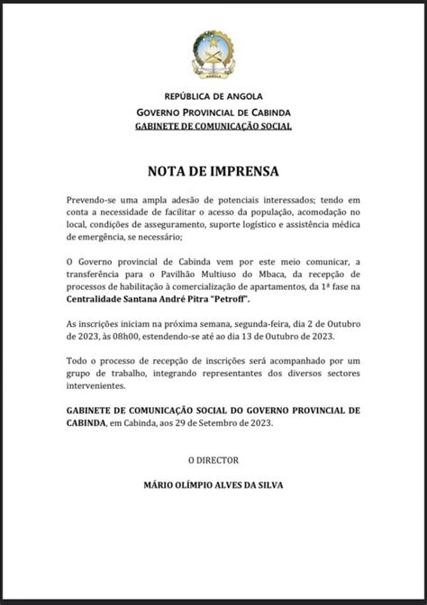 Governo Provincial De Cabinda NOTA DE IMPRENSA