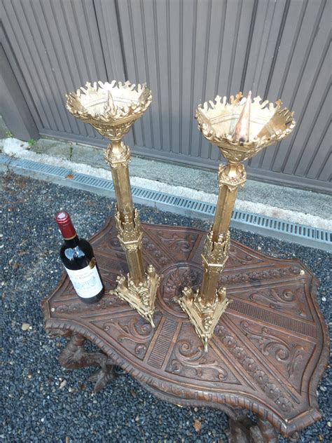 Pair Antique Brass Church Candle Holders Tripod Angels Neo Gothic Ebay