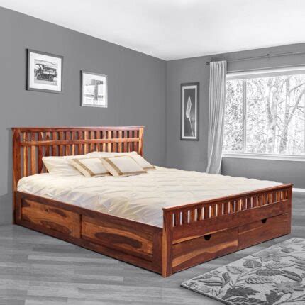 Kosmo Monarch Queen Size Bed With Storage In Natural Teak Finish