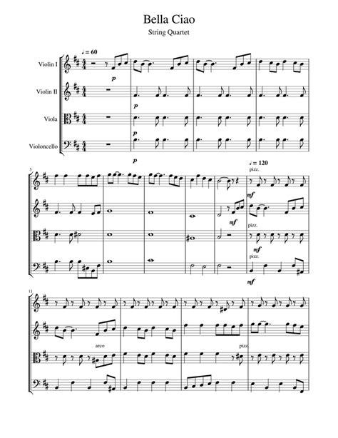 Bella Ciao D Major Sheet Music For Violin Viola Cello String Quartet