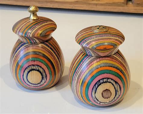 Mr Dudley Rainbow Wood Salt Shaker And Pepper Grinder Mill Set Multi Colored Stripes Vintage Salt