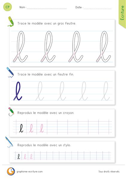 Écrire la lettre l minuscule en cursive Graphisme écriture CP CE1