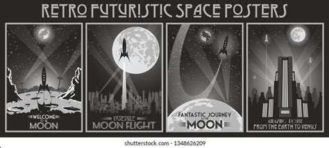 Retro Futuritic Space Posters 1920s Style Stock Vector Royalty Free