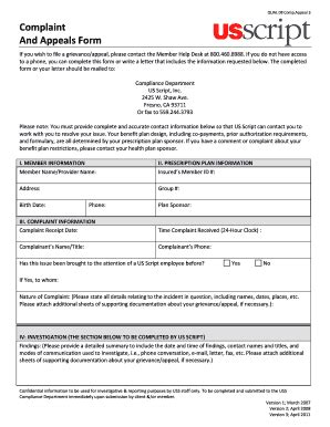 Fillable Online Complaint And Appeals Form Us Script Fax Email Print