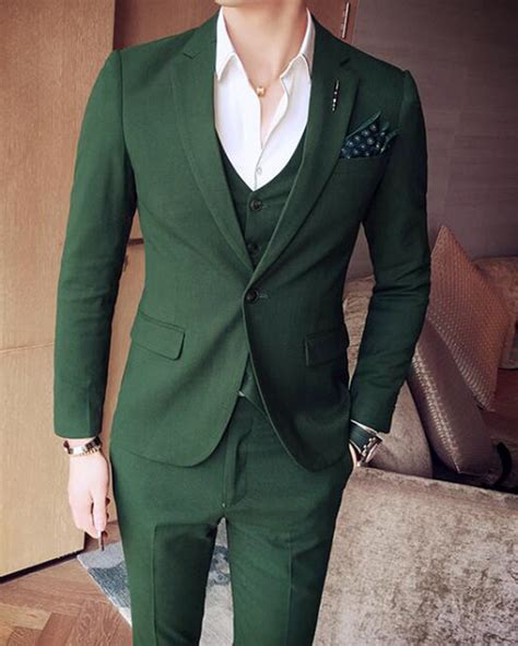 Cb04281 Slim Fit Dark Forest Green Notch Lapel Three Pieces Suits Men