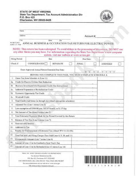 Fillable Form Wv E Annual Business And Occupation Tax Return