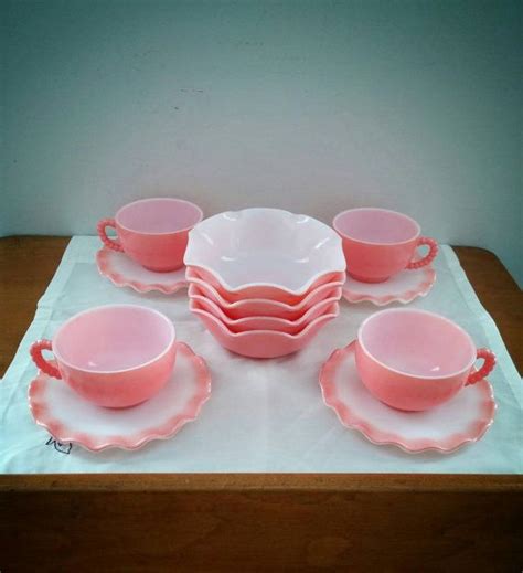 Vintage Mid Century Hazel Atlas Crinoline Set Of Pink Milkglass Tea