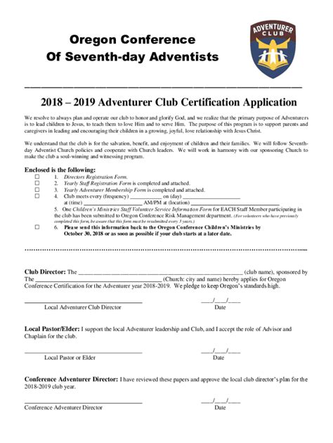 Fillable Online Adventurer Club Certification Application Fax