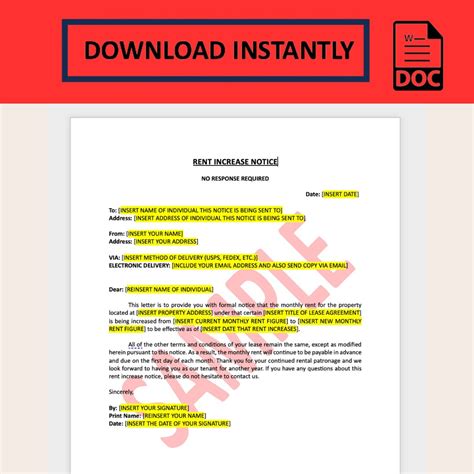 Sample Rent Increase Notice Template Printable Word Document Instant Download Etsy