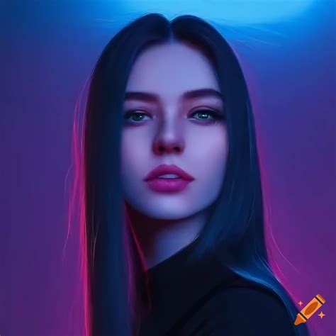 Close Up Of Russian Young Woman Neon Lights Black Clothing Long Dark