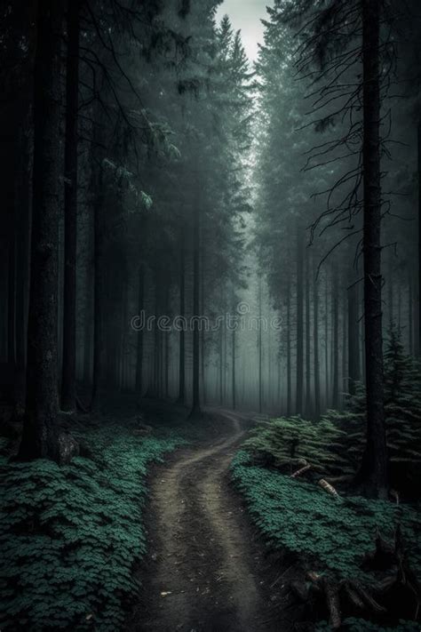 View Of A Dark Gloomy Foggy Forest Tall Trees Overgrown Worn Out Path