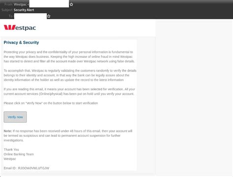 ‘Security Alert’ email supposedly from Westpac delivers phishing attack