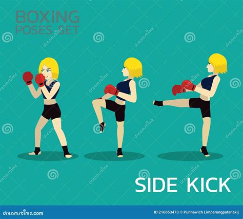 Side Kick Manga Boxing Poses Set Woman Cartoon Vector Illustration