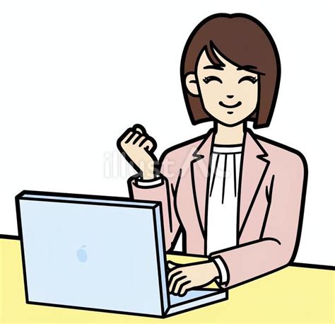 パソコンの前で拳を握る若い私服の女性イラスト No 24894225｜無料イラスト・フリー素材なら「イラストac」