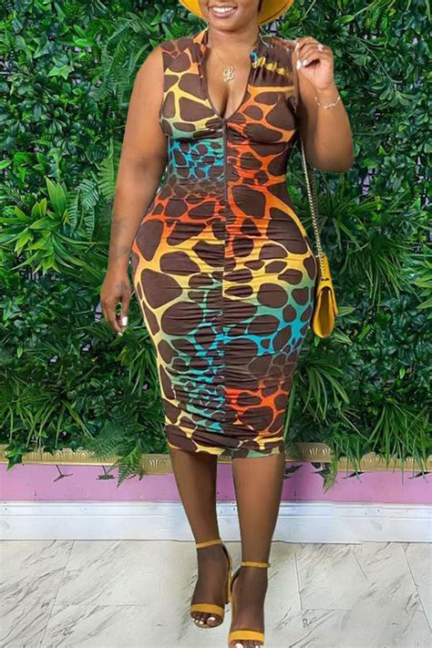 Sexy Print Split Joint Fold V Neck One Step Skirt Dresses